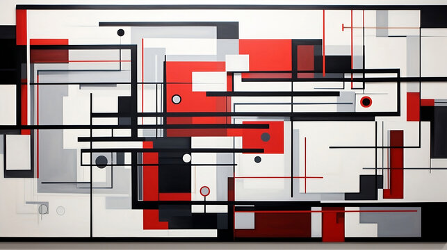 A white and gray abstract graphic with red and grey squares, comic book-style graphics, animated mosaics, bold lines and shapes, graffiti-influenced, de stijl, multi-layered figures
