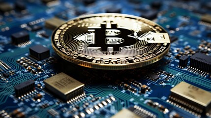 Bitcoin on abstract blue background, concept of internet of things  iot  technology