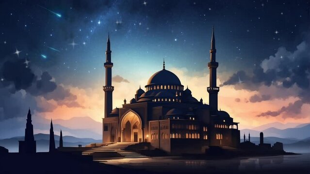 Ramadan kareem concept background animation, silhouette of hagia sophia mosque with night sky background and shining stars. seamless looping time-lapse 4k animation background video