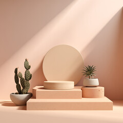 Minimalist abstract scene with podium and cactus. 3d render.