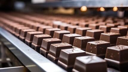 Efficient production line of chocolate candy on conveyor belt in modern confectionery factory
