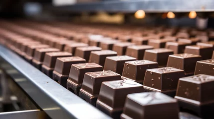 Rolgordijnen Efficient production line of chocolate candy on conveyor belt in modern confectionery factory © Ilja