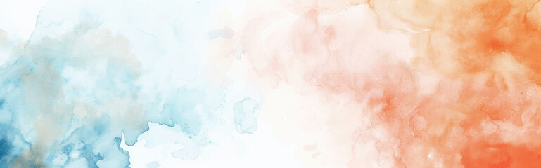 Fototapeta premium Watercolor abstract background on white canvas with dynamic mix of soft blue and warm orange colors, banner, panorama