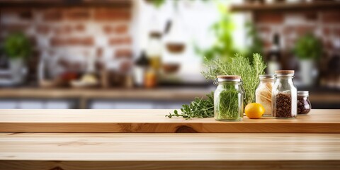 Focused wooden table with blurred kitchen ingredients in background.