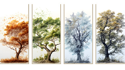 Four vertical of illustration watercolor style image frame sequence that show tree. Four different trees.