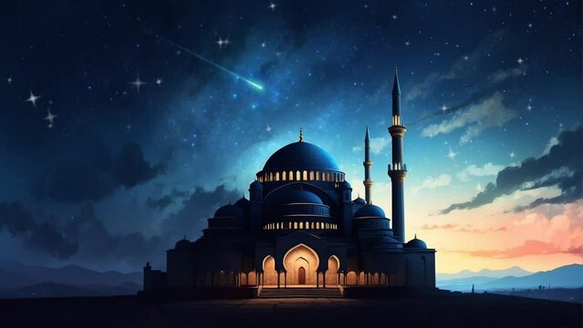 Ramadan kareem concept background animation, silhouette of hagia sophia mosque with night sky background and shining stars. seamless looping time-lapse 4k animation background video