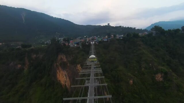 Kushma Bungee Jump platform on Nepal's suspension bridge over Kali Gandaki River. Aerial view