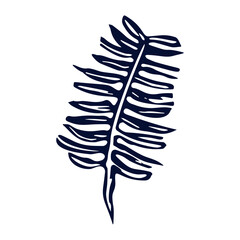 Handmade blockprint fern leaf vector motif clipart in folkart scandi style. Simple monochrome linocut plant shapes with naive rural lineart.