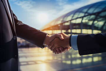 Close-up shot of a handshake between two European businessmen in backlit sunlight. Two businessmen in suit make a professional handshake for a good business deal agreement. Generate AI