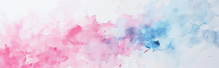 Watercolor abstract background on white canvas with dynamic mix of bright pink and light blue colors, banner, panorama