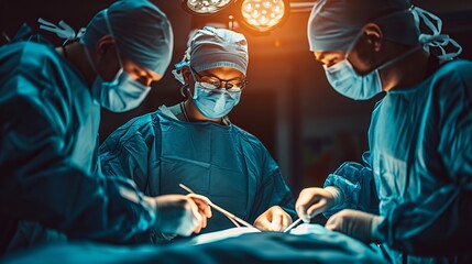 Professional surgeon performing surgery operation in modern operating room - obrazy, fototapety, plakaty