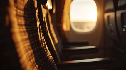As the warm rays of the sun peek through the flight curtains, the cabin radiates with a tranquil ambiance for passengers to enjoy. - obrazy, fototapety, plakaty