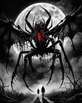 Nightmares Of The Imagination - Terrifying Children's Nightmares Featuring Chained Specter, Chasing Beast, And Giant Spider, With A Demon Silhouetted Against The Moon Gen AI