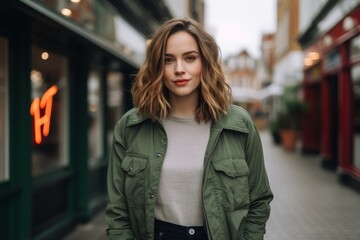 Portrait of a young woman in a green jacket on a city street.