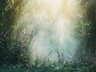 Whispers of Dawn: Delicate Wildflowers Basking in the Hazy Sunlight of a Mystical Forest
