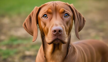 Cute dog or pet is looking happy. Brown vizsla young dog is posing. Cute, happy crazy dog headshot 