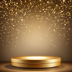 Golden pedestal or podium with gold shiny stars background for luxury products. Platform illuminated by spotlights.