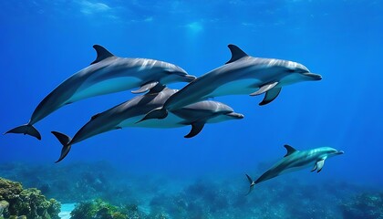 Fototapeta na wymiar Group of dolphins in colorful underwater, ai generative.group of dolphins in colorful underwater