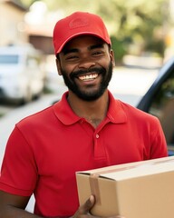 Professional Delivery Service in Action Smiling delivery man in red uniform, holding a package, cap, friendly service, outdoor setting, professional, efficient delivery, job satisfaction, daytime.

