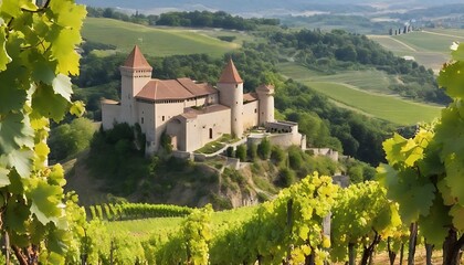 Medieval castle overlooking vineyards with ripe grape bunches. The medieval castle overlooking the...