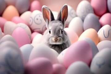 Fototapeta premium An adorable rabbit surrounded by a spectrum of Easter eggs
