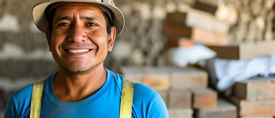 Smiling 30-year-old Latin American bricklayer