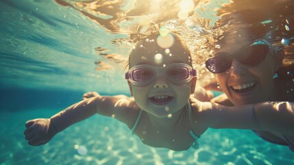 Cute smiling baby and mom having fun swimming and diving in the pool at the resort on summer vacation. Activities and sports to happy kid, family, holiday, - obrazy, fototapety, plakaty