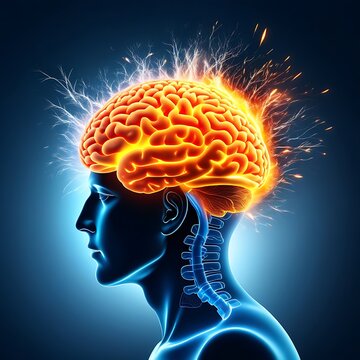 Side view of brain on fire, exploding brain, disease concept like parkinson's, alzheimer's , dementia or multiple sclerosis