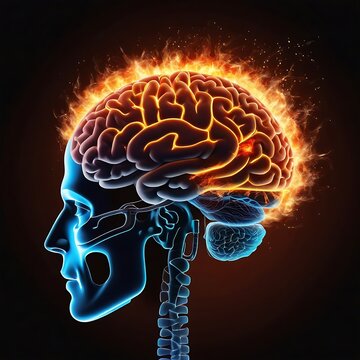 Side view of brain on fire, exploding brain, disease concept like parkinson's, alzheimer's , dementia or multiple sclerosis