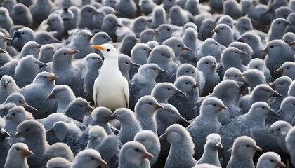 Obraz premium Standing out from the crowd , white bird standing between man gray birds