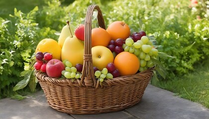 Sunlit assorted fruit basket outdoors 