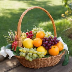Outside, in the sun, a basket of mixed fruits