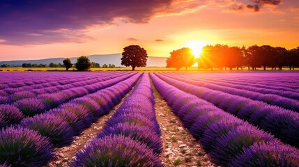Lavender blooms in the field. sunset or sunrise over a lavender field with a tree