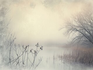 Frosted Winter Morning: Bare Trees and Delicate Grasses by the Lakeside