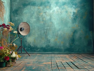 Vintage Photography Studio: Classic Spotlight on Floral Arrangement with Textured Background