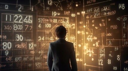 A series of mathematical equations and calculations displayed alongside a game character, highlighting the importance of mathematical principles in creating smooth and realistic character - obrazy, fototapety, plakaty