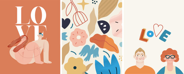 Valentines day cards set - modern flat vector concept illustrations of couples celebrating their love, greeting card design, floral environment. Metaphor of unity, affection, love, connection, growth