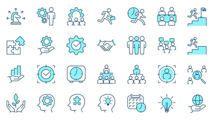 Management blue icons set on white background for graphic and web design.