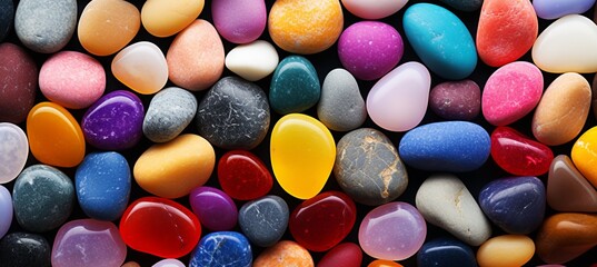 Fototapeta na wymiar Mesmerizing spectrum of colorful small stones or pebbles creating a captivating abstract background.