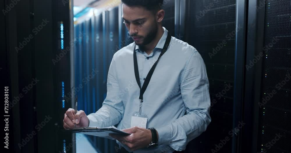 Poster Man, server room inspection and documents for information technology, cybersecurity or gdpr management. Technician writing notes or checklist for data center solution, maintenance and safety backup