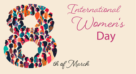 Vektorillustration der Zahl 8 mit vielen verschiedenen Frauen, symbolisch für den internationalen Frauentag am 8. März.