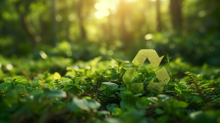 Recycling symbol in nature background Eco Recycling Environmental concept - obrazy, fototapety, plakaty