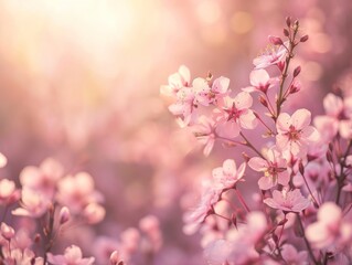 Fototapeta na wymiar Soft Pink Cherry Blossoms Radiating with Sunlight in a Dreamlike Spring Ambience 