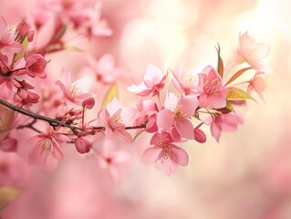 Radiant Cherry Blossom Branches in Full Bloom with a Soft Golden Light Background