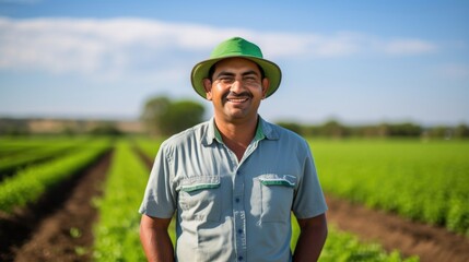 A farmer standing proudly in front of a field of flourishing crops, made possible by the governments financial support for embryobased farming techniques that have increased yield and reduced