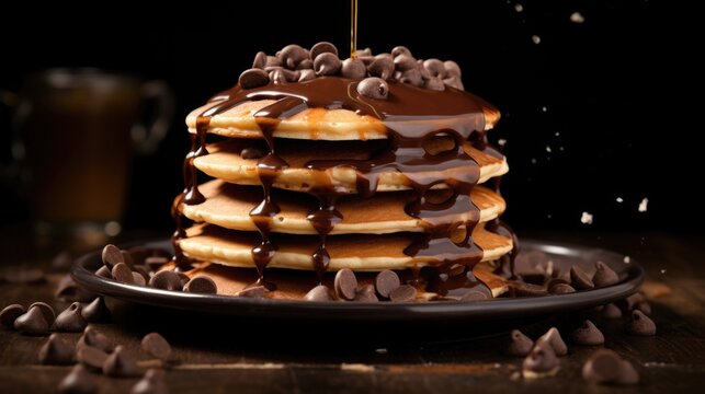 A mouthwatering image ilrating a stack of chocolate chip pancakes, drenched in a velvety chocolate ganache, creating an irresistible temptation for chocolate lovers.