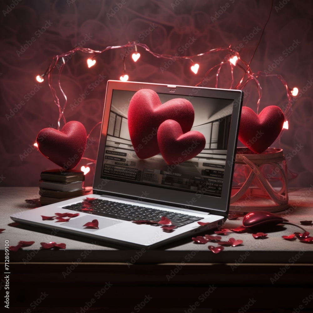 Poster laptop with red heart and gift box on the table. valentine's day concept. generative ai.