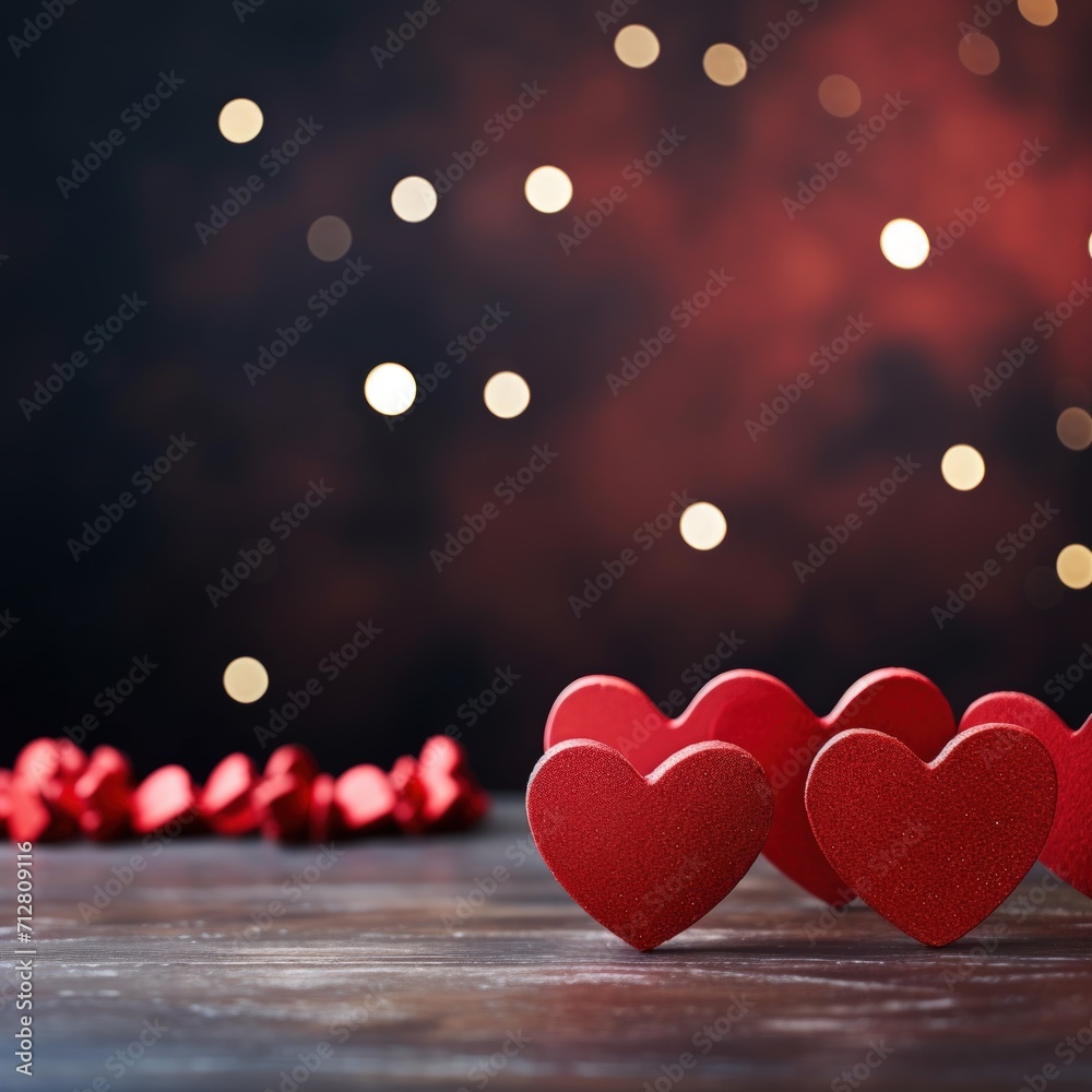 Poster Empty wooden table with red hearts and bokeh lights. Festive background for Valentine's Day. Generative AI.