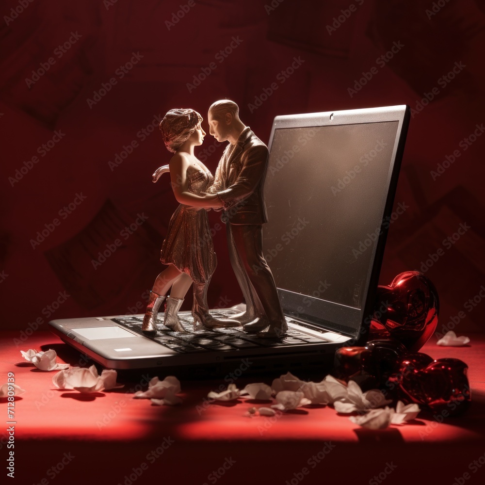 Poster Laptop with Heart and couple on the table. Valentine's day concept. 3d rendering. Generative AI.