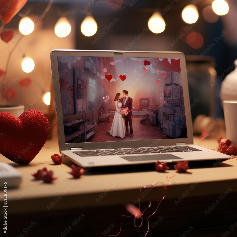 Poster laptop with heart on the screen. valentine's day concept. generative ai.
